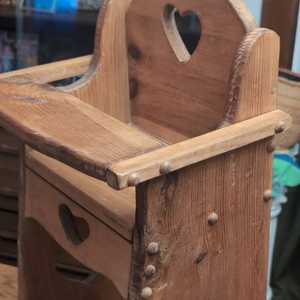 Vintage Wooden Doll High Chair Brown Heart Cutouts Doll Furniture